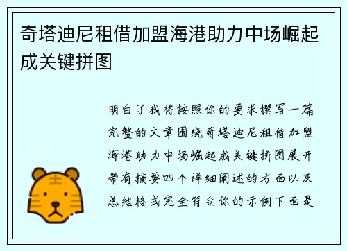 奇塔迪尼租借加盟海港助力中场崛起成关键拼图